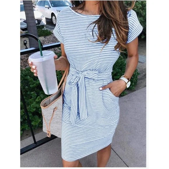 NWOT Merokeety Blue Striped Tie Waist T-Shirt Dress XL Short Sleeve Pockets - Picture 1 of 6